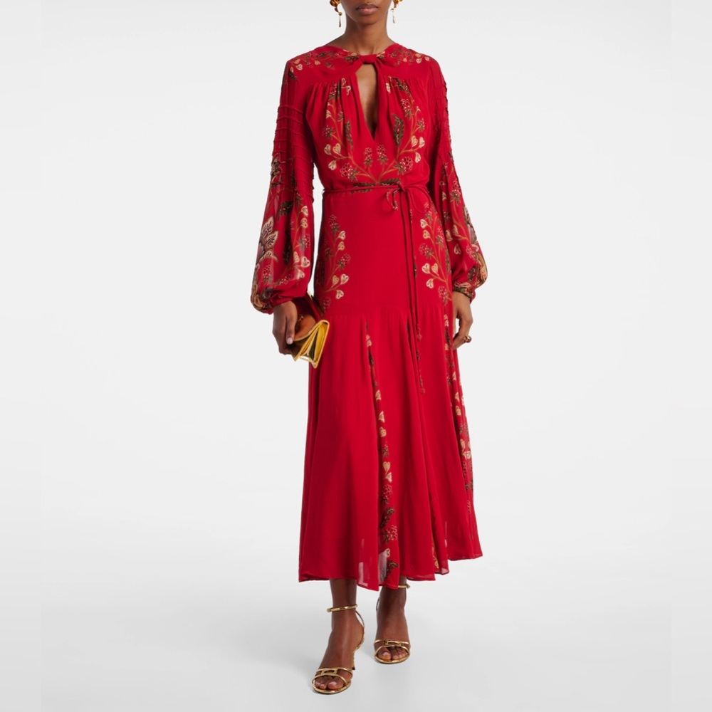 NWT Farm Rio red berry garden long sleeve pleated maxi dress S (fits like XS)